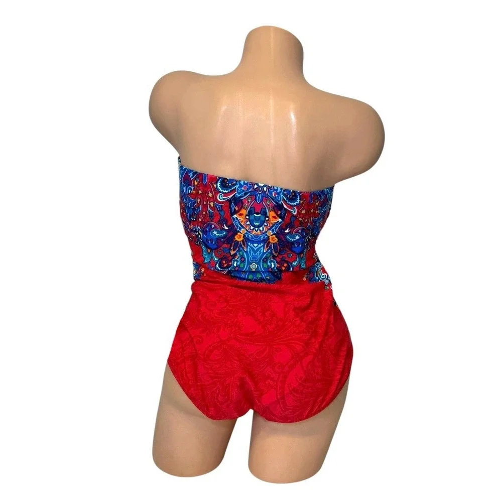Lauren Ralph Lauren Red‎ Paisley Bandeau One Piece Swimsuit Womens Size 12